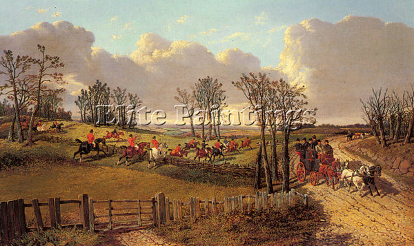 JOHN FREDERICK HERRING A HUNTING SCENE WITH COACH AND FOUR ON OPEN ROAD PAINTING