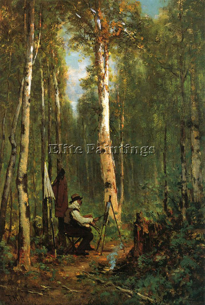 THOMAS HILL ARTIST AT HIS EASEL IN THE WOODS ARTIST PAINTING HANDMADE OIL CANVAS