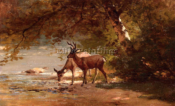 THOMAS HILL DEER IN A LANDSCAPE ARTIST PAINTING REPRODUCTION HANDMADE OIL CANVAS
