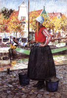 GEORGE HITCHCOCK WOMAN ALONG CANAL AKA A YOUNG DUTCH GIRL ARTIST PAINTING CANVAS