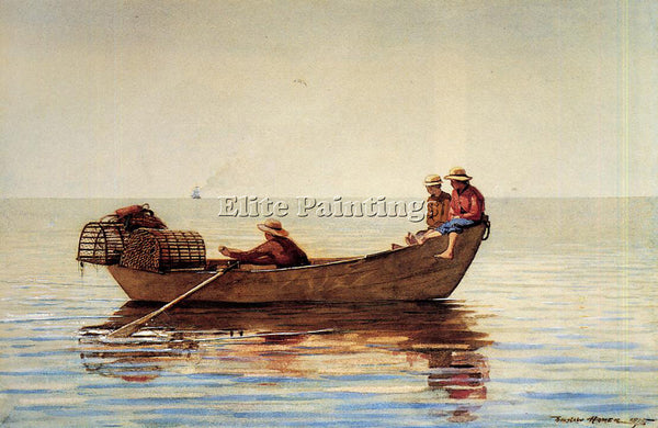 WINSLOW HOMER THREE BOYS IN A DORY WITH LOBSTER POTS ARTIST PAINTING HANDMADE