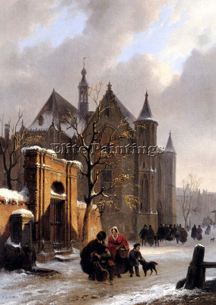 BARTHOLOMEUS VAN HOVE A CAPRICIO VIEW WITH FIGURES LEAVING CHURCH IN WINTER OIL