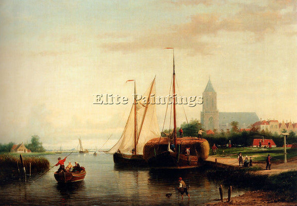 ABRAHAM HULK  A MOORED HAYBARGE AND OTHER SHIPPING BY A BLEACH FIELD OIL CANVAS