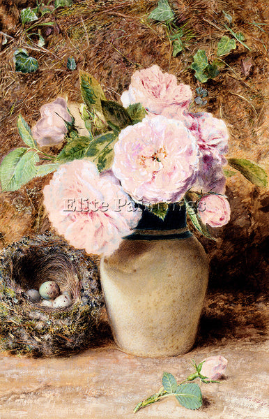 WILLIAM HENRY HUNT STILL LIFE WITH ROSES IN A VASE AND A BIRDS NEST PAINTING OIL