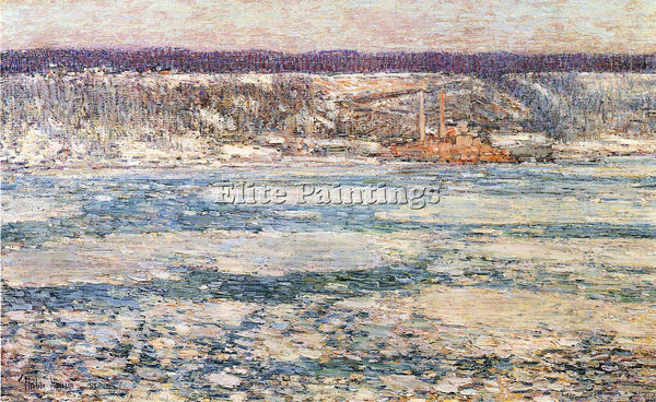 HASSAM ICE ON THE HUDSON RIVER ARTIST PAINTING REPRODUCTION HANDMADE OIL CANVAS