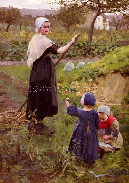 BRITISH JAMESON MIDDLETON A MOTHER WITH HER DAUGHTERS IN KITCHEN GARDEN PAINTING