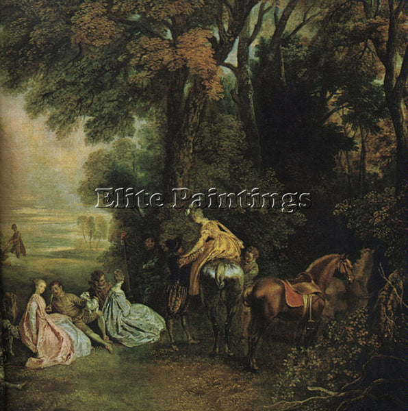 JEAN ANTOINE WATTEAU A HALT DURING THE CHASE ARTIST PAINTING HANDMADE OIL CANVAS