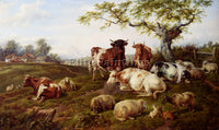 BRITISH JONES CHARLES RESTING CATTLE SHEEP AND DEER A FARM BEYOND ARTIST CANVAS