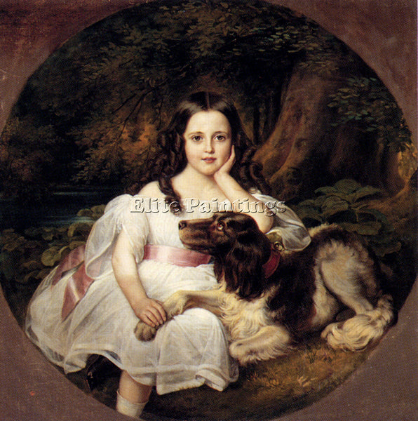GERMAN KAULBACH FRIEDRICH YOUNG GIRL RESTING IN LANDSCAPE WITH HER DOG PAINTING