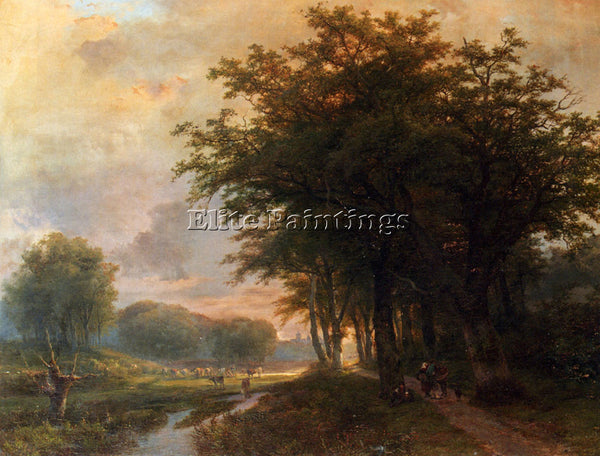 JOHANN BERNARD KLOMBECK A WOODED RIVER VALLEY WITH PEASANTS ON A PATH ARTIST OIL
