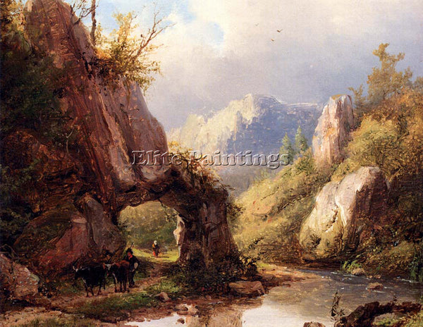 JOHANN KLOMBECK A MOUNTAIN VALLEY WITH PEASANT AND CATTLE PASSING ALONG STREAM