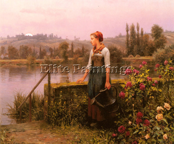 DANIEL RIDGWAY KNIGHT A WOMAN WITH A WATERING CAN BY THE RIVER PAINTING HANDMADE