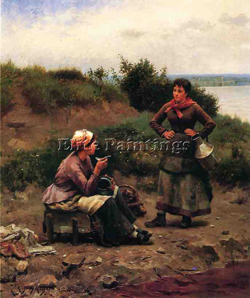 DANIEL RIDGWAY KNIGHT A DISCUSSION BETWEEN TWO YOUNG LADIES ARTIST PAINTING OIL