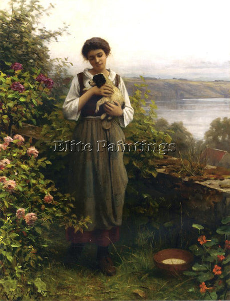DANIEL RIDGWAY KNIGHT YOUNG GIRL HOLDING A PUPPY ARTIST PAINTING HANDMADE CANVAS