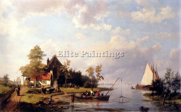 JOHANNES KOEKKOEK A RIVER LANDSCAPE WITH FERRY AND FIGURES MENDING BOAT PAINTING