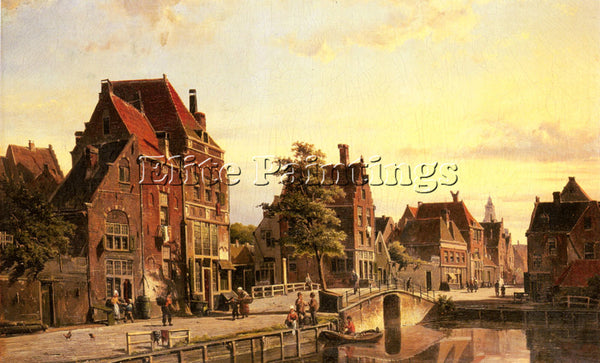 WILLEM KOEKKOEK FIGURES BY A CANAL IN A DUTCH TOWN ARTIST PAINTING REPRODUCTION