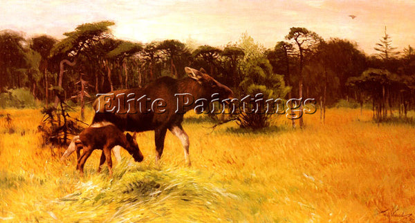WILHELM KUHNERT MOOSE WITH HER CALF IN A LANDSCAPE ARTIST PAINTING REPRODUCTION