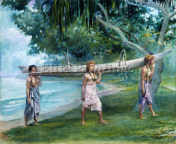 JOHN LAFARGE GIRLS CARRYING A CANOE VAIALA IN SAMOA ARTIST PAINTING REPRODUCTION