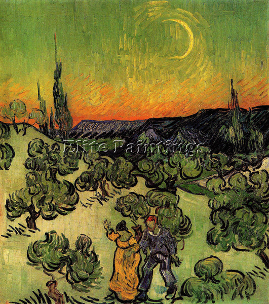 VAN GOGH LANDSCAPE WITH COUPLE WALKING AND CRESCENT MOON ARTIST PAINTING CANVAS