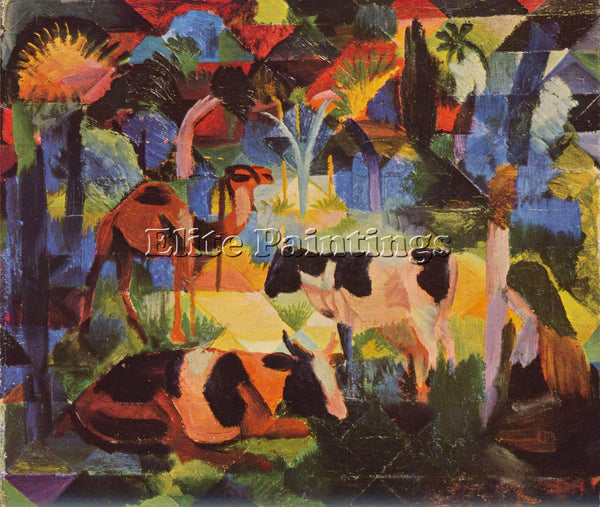 MACKE LANDSCAPE WITH COWS AND CAMELS ARTIST PAINTING REPRODUCTION HANDMADE OIL