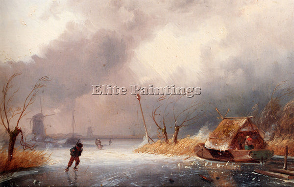 CHARLES LEICKERT A WINTER LANDSCAPE WITH SKATERS ON FROZEN WATERWAY PAINTING OIL