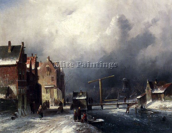 CHARLES HENRI JOSEPH LEICKERT FIGURES IN A DUTCH TOWN BY A FROZEN CANAL PAINTING