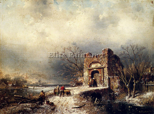 CHARLES HENRI JOSEPH LEICKERT VILLAGERS ON A FROZEN PATH ARTIST PAINTING CANVAS