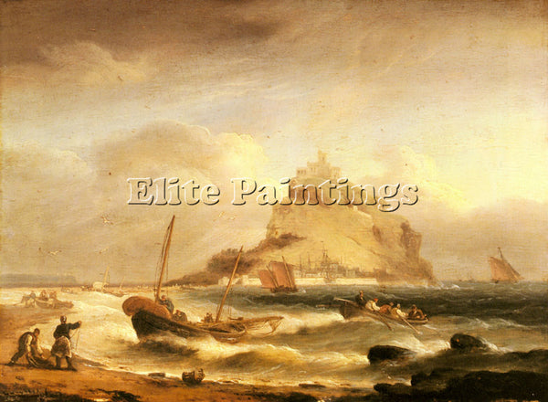 THOMAS LUNY FISHERMEN ROWING IN BEFORE ST MICHAELS MOUNT ARTIST PAINTING CANVAS