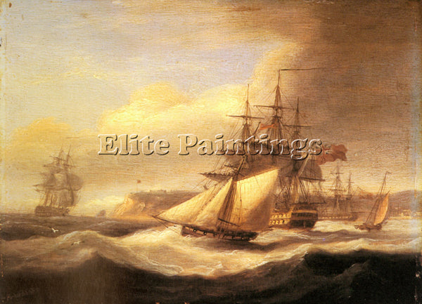 THOMAS LUNY NAVAL SHIPS SETTING SAIL WITH REVENUE CUTTER OFF BERRY HEAD PAINTING