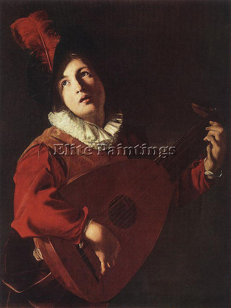 BARTOLOMEO MANFREDI LUTE PLAYING YOUNG ARTIST PAINTING REPRODUCTION HANDMADE OIL
