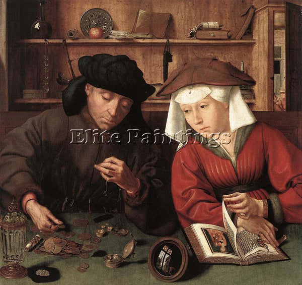 QUENTIN MASSYS THE MONEYLENDER AND HIS WIFE ARTIST PAINTING HANDMADE OIL CANVAS