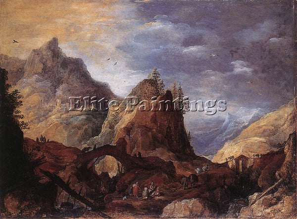 JOOS DE MOMPER MOUNTAIN SCENE WITH BRIDGES ARTIST PAINTING REPRODUCTION HANDMADE