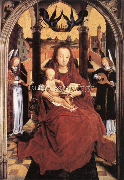 HANS MEMLING VIRGIN AND CHILD ENTHRONED WITH TWO MUSICAL ANGELS ARTIST PAINTING