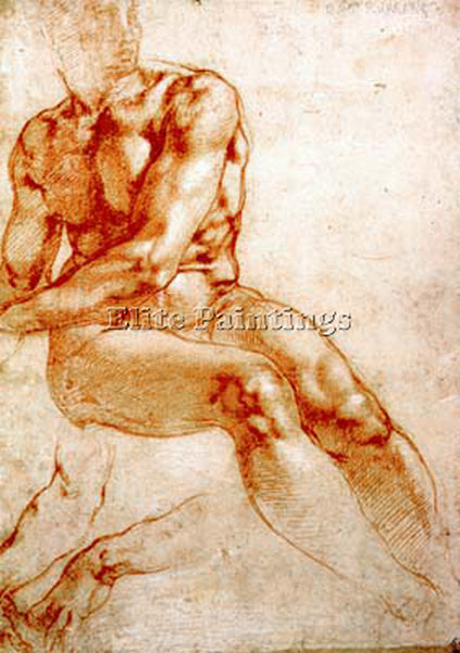 MICHELANGELO  MALE NUDE STUDY RED CHALK ARTIST PAINTING REPRODUCTION HANDMADE