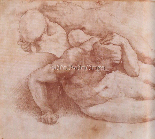 MICHELANGELO  TWO FIGURES RED CHALK ARTIST PAINTING REPRODUCTION HANDMADE OIL