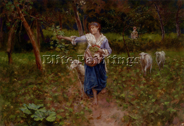 FRANCESCO PAOLO MICHETTI A SHEPHERDESS IN A PASTORAL LANDSCAPE PAINTING HANDMADE