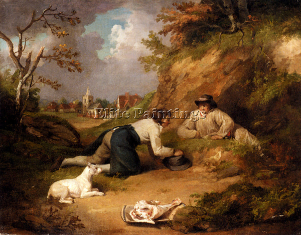 GEORGE MORLAND TWO MEN HUNTING RABBITS WITH THEIR DOG A VILLAGE BEYOND PAINTING