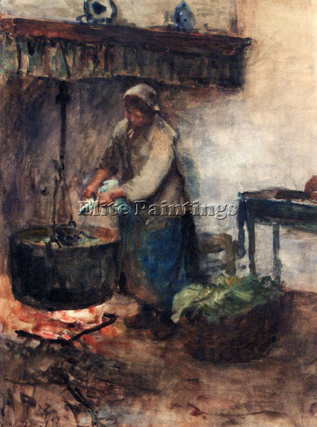 ALBERT NEUHUYS A COTTAGE INTERIOR WITH A PEASANT WOMAN PREPARING SUPPER PAINTING