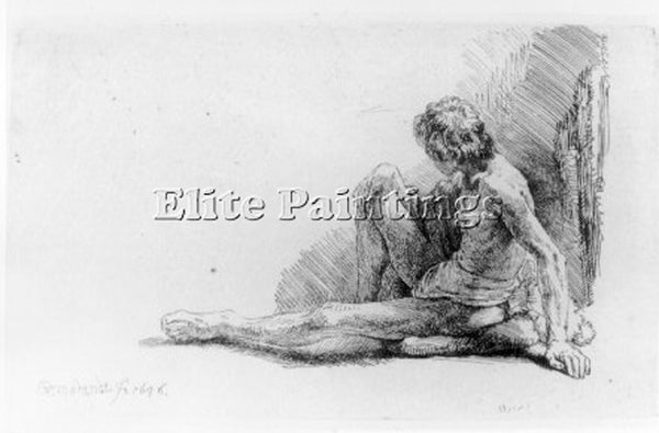 REMBRANDT NUDE MAN SEATED ON THE GROUND WITH ONE LEG EXTENDED PAINTING HANDMADE
