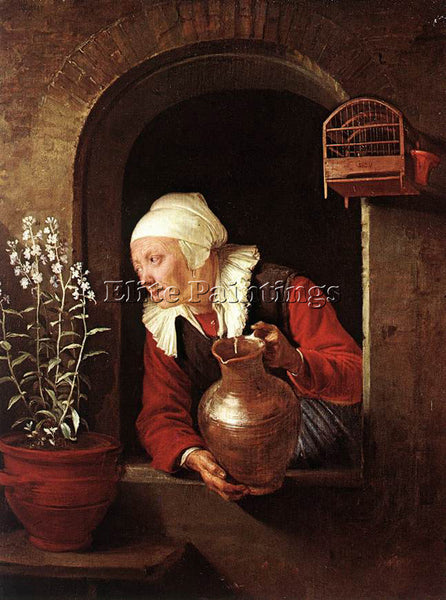 GERRIT DOU OLD WOMAN WATERING FLOWERS ARTIST PAINTING REPRODUCTION HANDMADE OIL