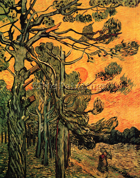 VAN GOGH PINE TREES AGAINST A RED SKY WITH SETTING SUN ARTIST PAINTING HANDMADE
