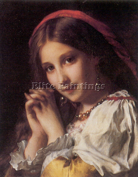 ETIENNE ADOLPHE PIOT PORTRAIT OF A GIRL WITH RED SHAWL ARTIST PAINTING HANDMADE
