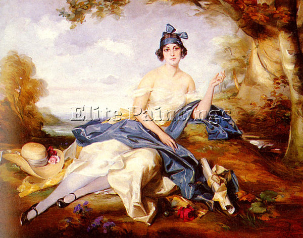 GERMAN PIRSCH ADAM AN ELEGANT LADY SEATED IN A PARK ARTIST PAINTING REPRODUCTION