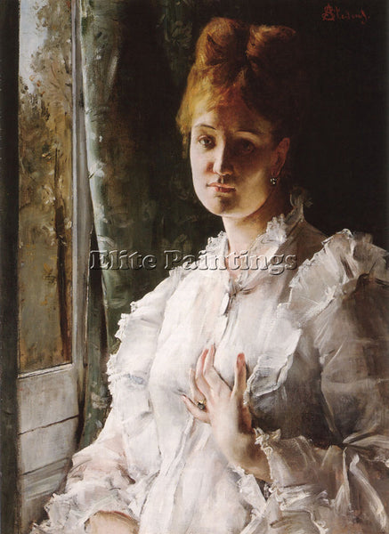 ALFRED STEVENS PORTRAIT OF A WOMAN IN WHITE ARTIST PAINTING HANDMADE OIL CANVAS