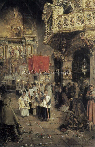 SPANISH PROCESSION AT THE END OF MASS ARTIST PAINTING REPRODUCTION HANDMADE OIL