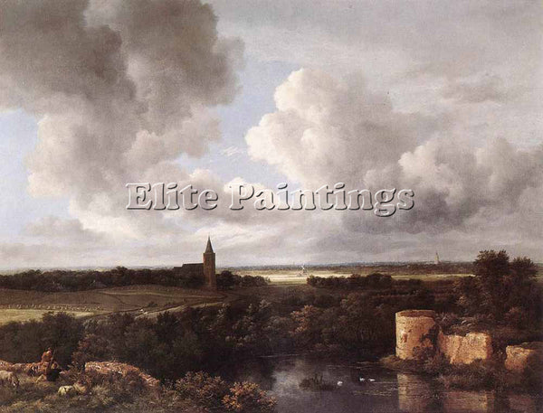 RUISDAEL AN EXTENSIVE LANDSCAPE WITH RUINED CASTLE AND VILLAGE CHURCH ARTIST OIL