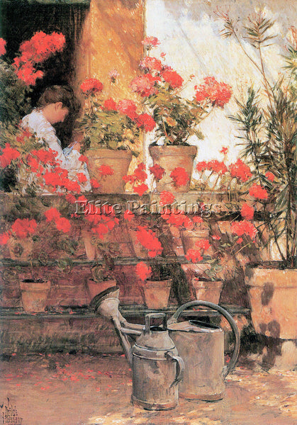 HASSAM RED GERANIUMS ARTIST PAINTING REPRODUCTION HANDMADE OIL CANVAS REPRO WALL