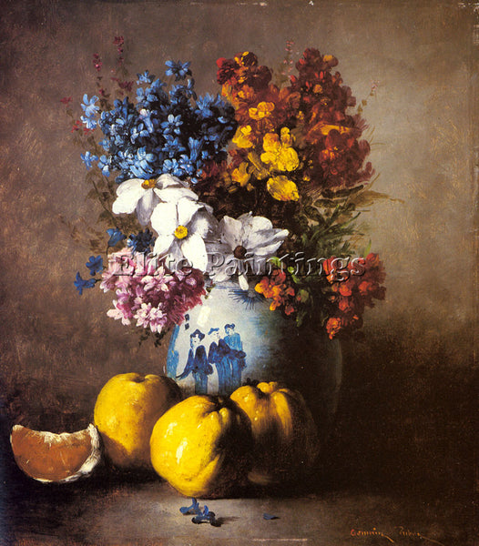 GERMAIN THEODURE RIBOT A STILL LIFE WITH A VASE OF FLOWERS AND FRUIT OIL CANVAS