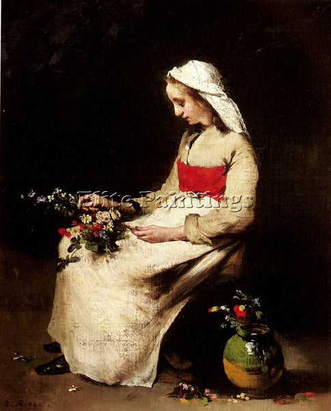 THEODULE AUGUSTINE RIBOT A GIRL ARRANGING A VASE OF FLOWERS ARTIST PAINTING OIL