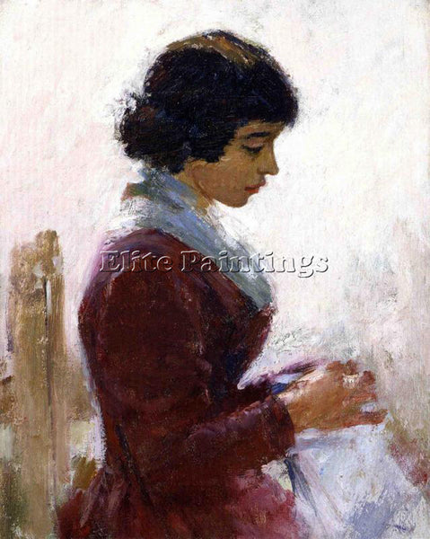 THEODORE ROBINSON GIRL IN RED SEWING ARTIST PAINTING REPRODUCTION HANDMADE OIL